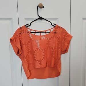 Women’s Orange Lace Overlay Short Sleeve Top